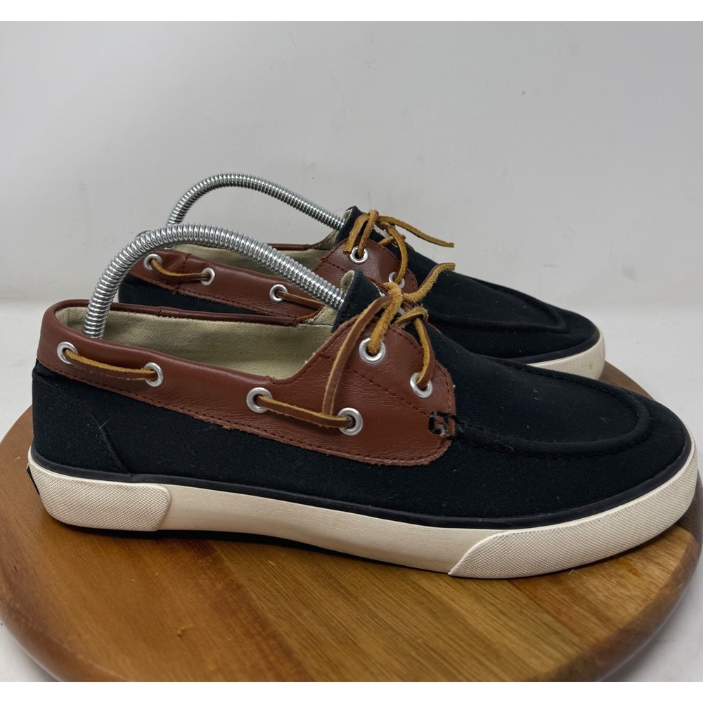 Polo Ralph Lauren Rylander Boat Shoes Black Canvas Brown Leather Mens 8.5D
